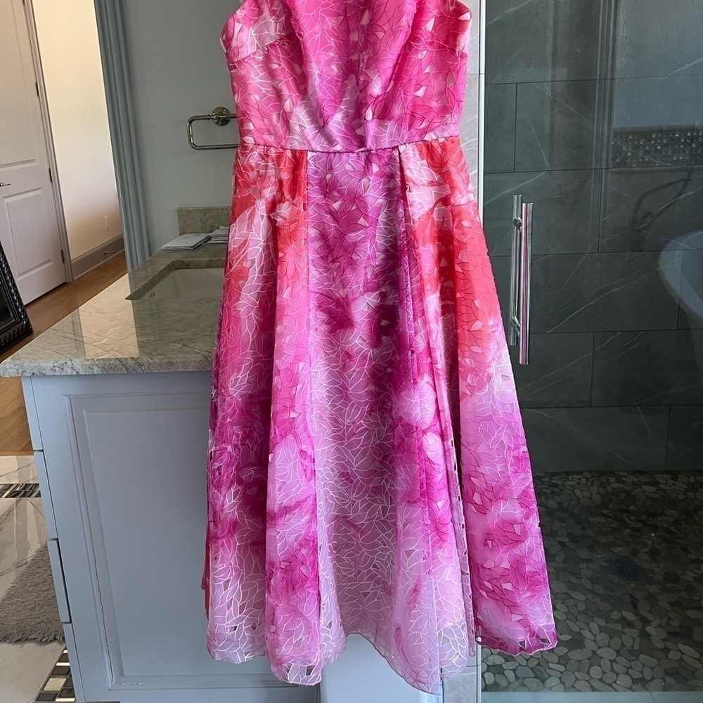 Monique Lhuillier Pink Floral Lace Fit Flare Dress - Picture 5 of 13